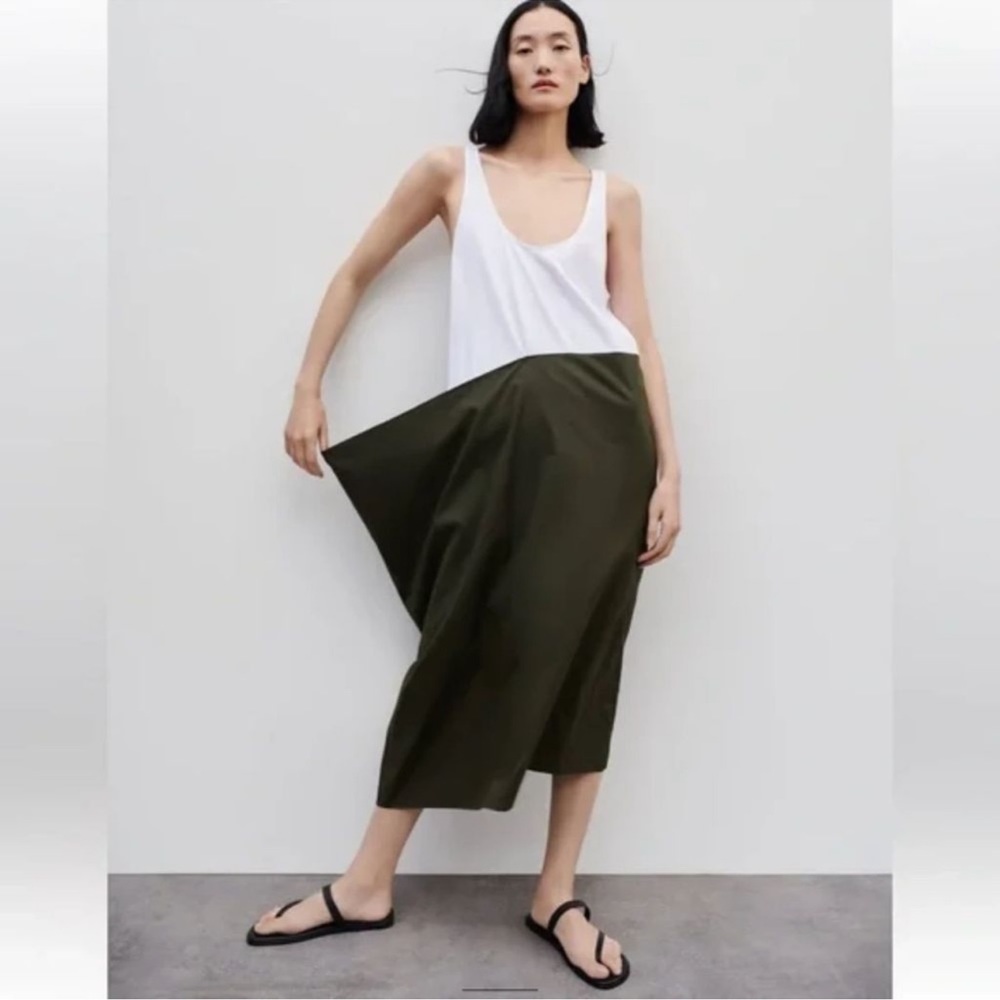 Zara White and Olive Green Cotton Asymmetrical Midi Poplin Dress